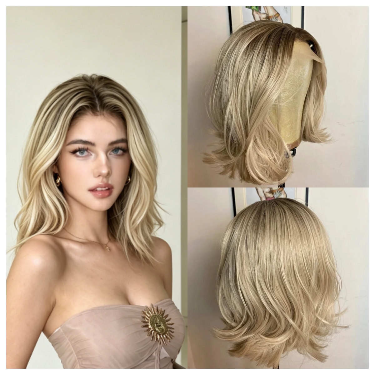Hair Care Nature - Ombre Goldblonde Natürliche Wellenperücke Synthetischer Kurzer